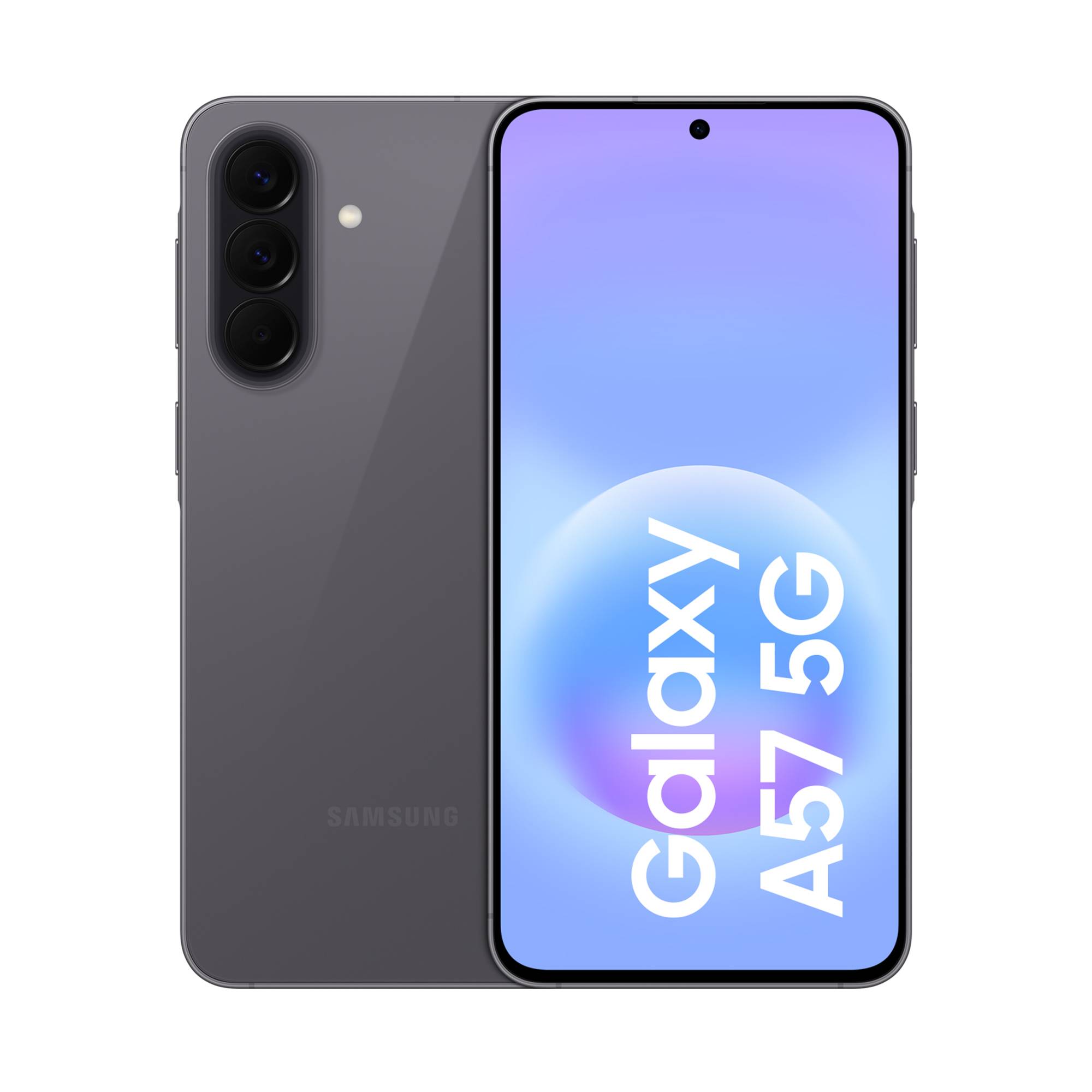 Vorder- und Rückansicht eines Samsung Galaxy A57 5G Smartphones in Dunkelgrau, das eine dreifache Rückkamera und das Display des Telefons mit dem Modellnamen zeigt.