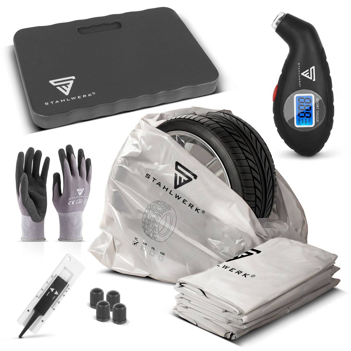 STAHLWERK Radwechsel Set für PKW mit Reifendruckmesser Kniekissen Profilmesser