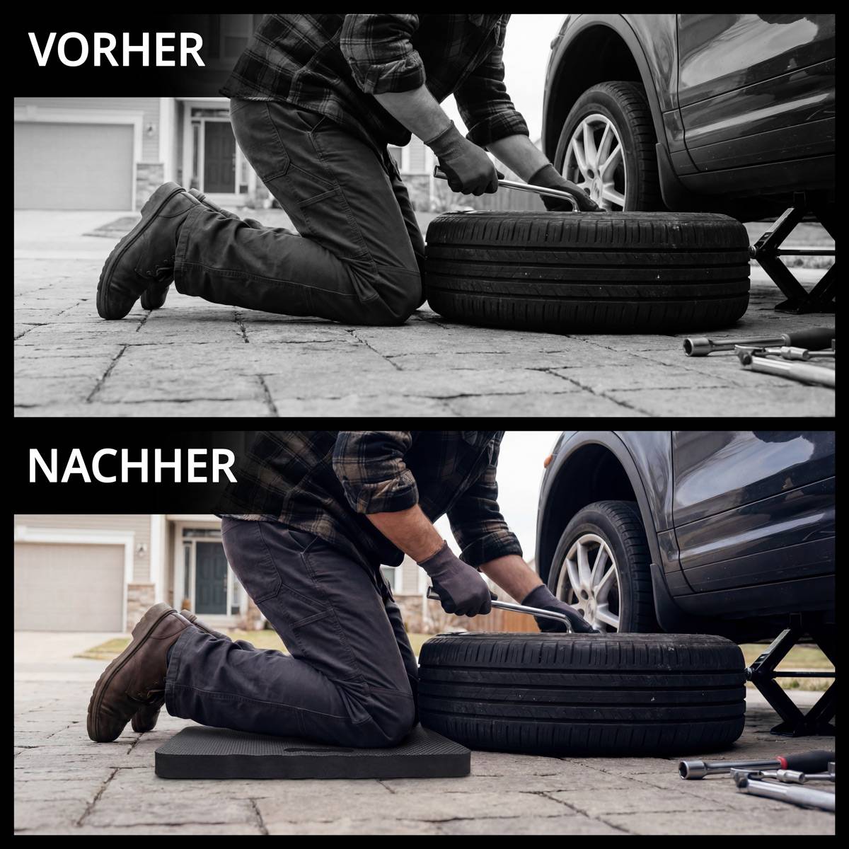 STAHLWERK Radwechsel Set für PKW mit Reifendruckmesser Kniekissen Profilmesser