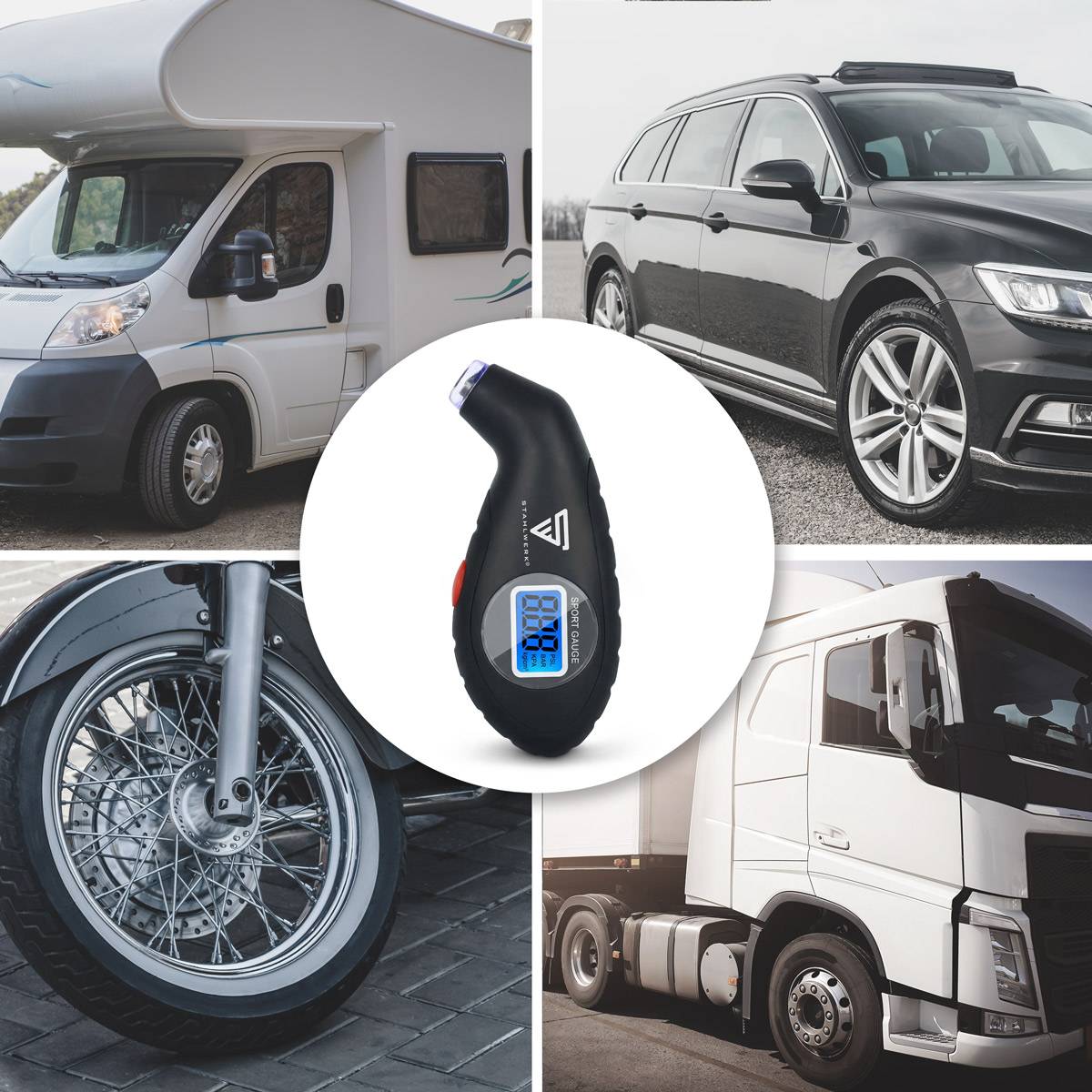 STAHLWERK Radwechsel Set für PKW mit Reifendruckmesser Kniekissen Profilmesser