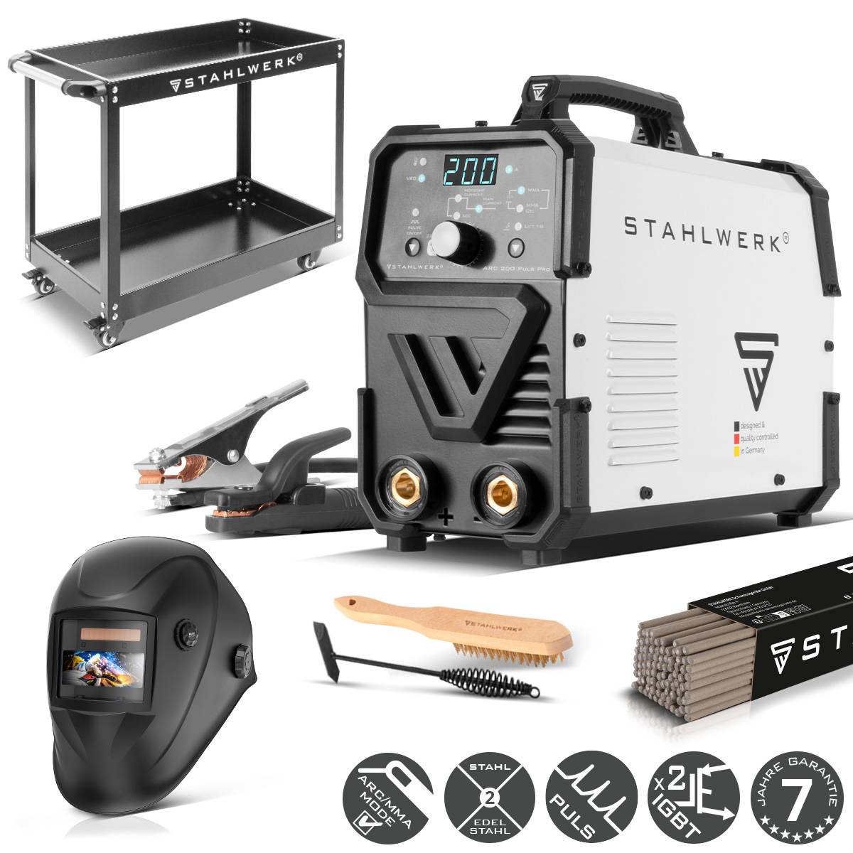 STAHLWERK Schweißgerät ARC 200 Puls Pro 200A Vollausstattung Wagen