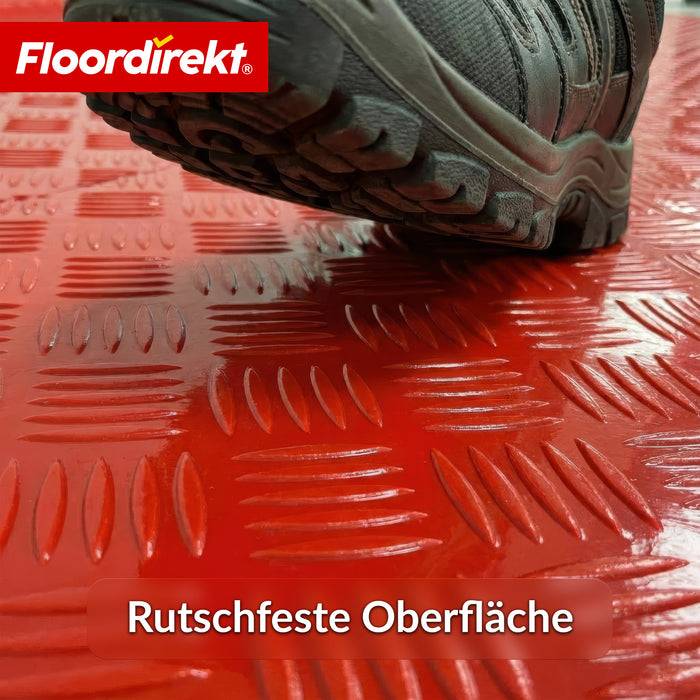 FLOORDIREKT PVC-Bodenbelag Bullet - Rutschfest & Pflegeleicht - Riffelblech-Optik - Rot - 110 × 500 cm