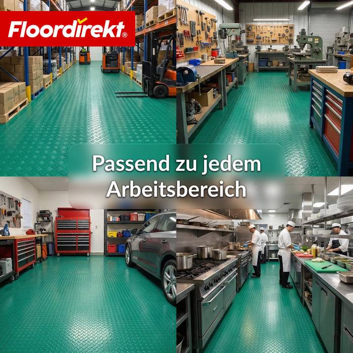 FLOORDIREKT PVC-Bodenbelag Bullet - Rutschfest & Pflegeleicht - Riffelblech-Optik - Grün - 110 × 300 cm