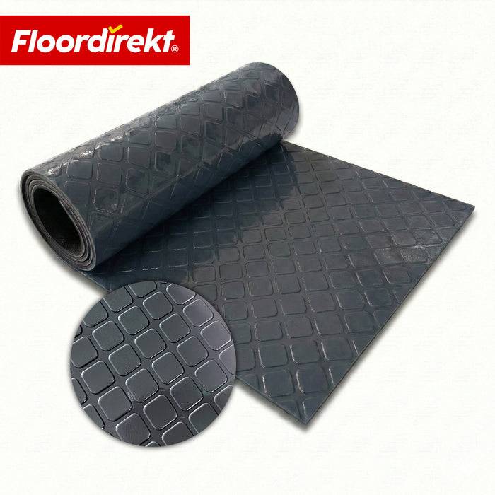 FLOORDIREKT PVC-Bodenbelag Check Quadra - Rutschfest & Pflegeleicht - Quadrat-Optik - Dunkelgrau - 110 × 350 cm