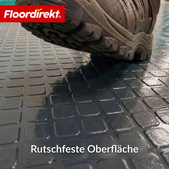FLOORDIREKT PVC-Bodenbelag Check Quadra - Rutschfest & Pflegeleicht - Quadrat-Optik - Dunkelgrau - 110 × 400 cm