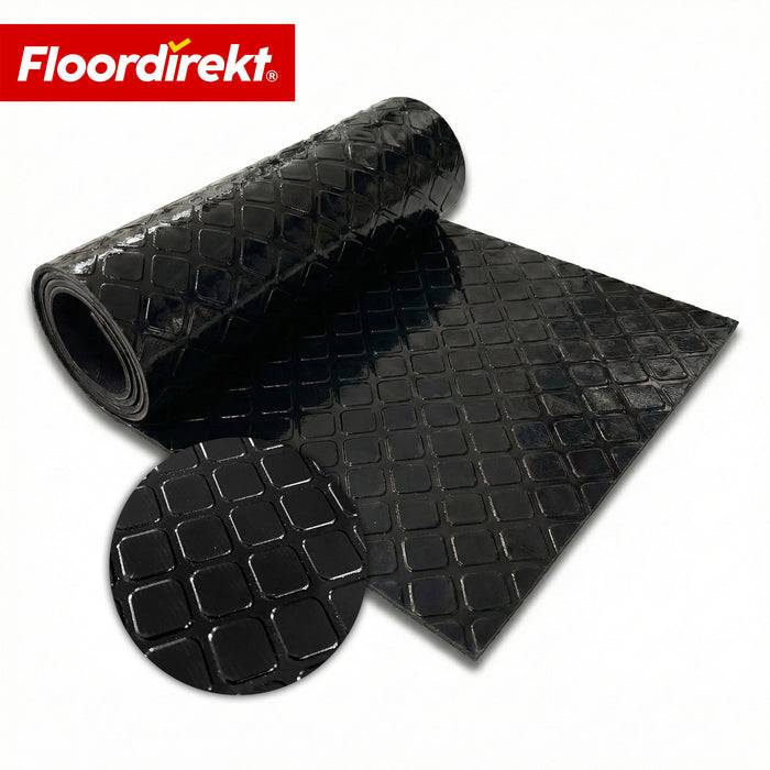 FLOORDIREKT PVC-Bodenbelag Check Quadra - Rutschfest & Pflegeleicht - Quadrat-Optik - Schwarz - 110 × 350 cm