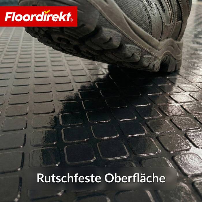 FLOORDIREKT PVC-Bodenbelag Check Quadra - Rutschfest & Pflegeleicht - Quadrat-Optik - Schwarz - 110 × 200 cm