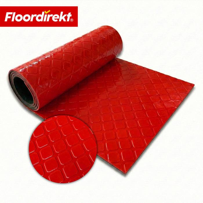 FLOORDIREKT PVC-Bodenbelag Check Quadra - Rutschfest & Pflegeleicht - Quadrat-Optik - Rot - 110 × 500 cm