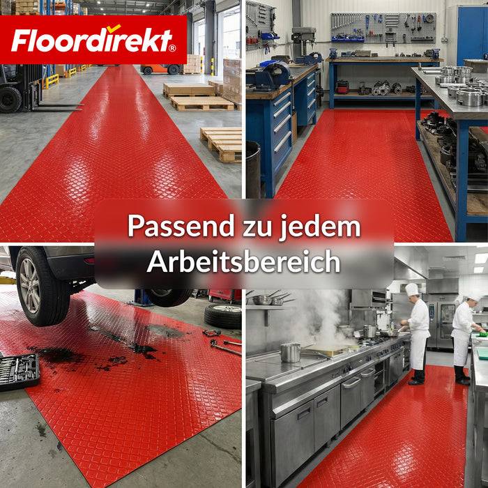 FLOORDIREKT PVC-Bodenbelag Check Quadra - Rutschfest & Pflegeleicht - Quadrat-Optik - Rot - 110 × 450 cm