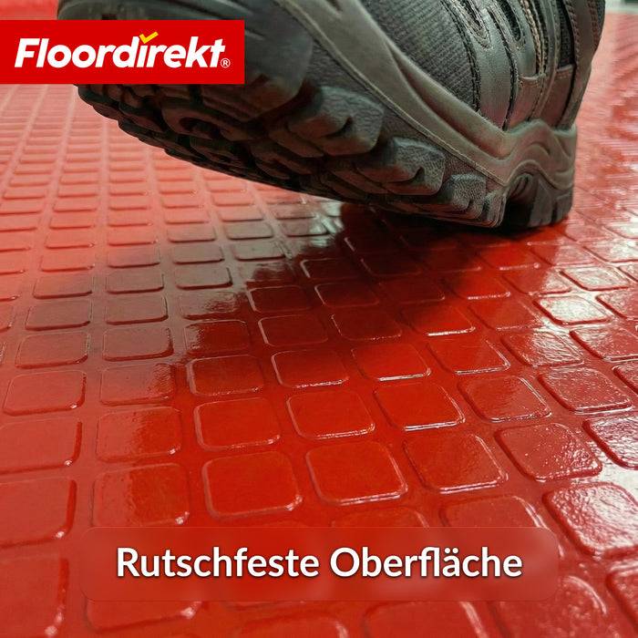 FLOORDIREKT PVC-Bodenbelag Check Quadra - Rutschfest & Pflegeleicht - Quadrat-Optik - Rot - 110 × 500 cm