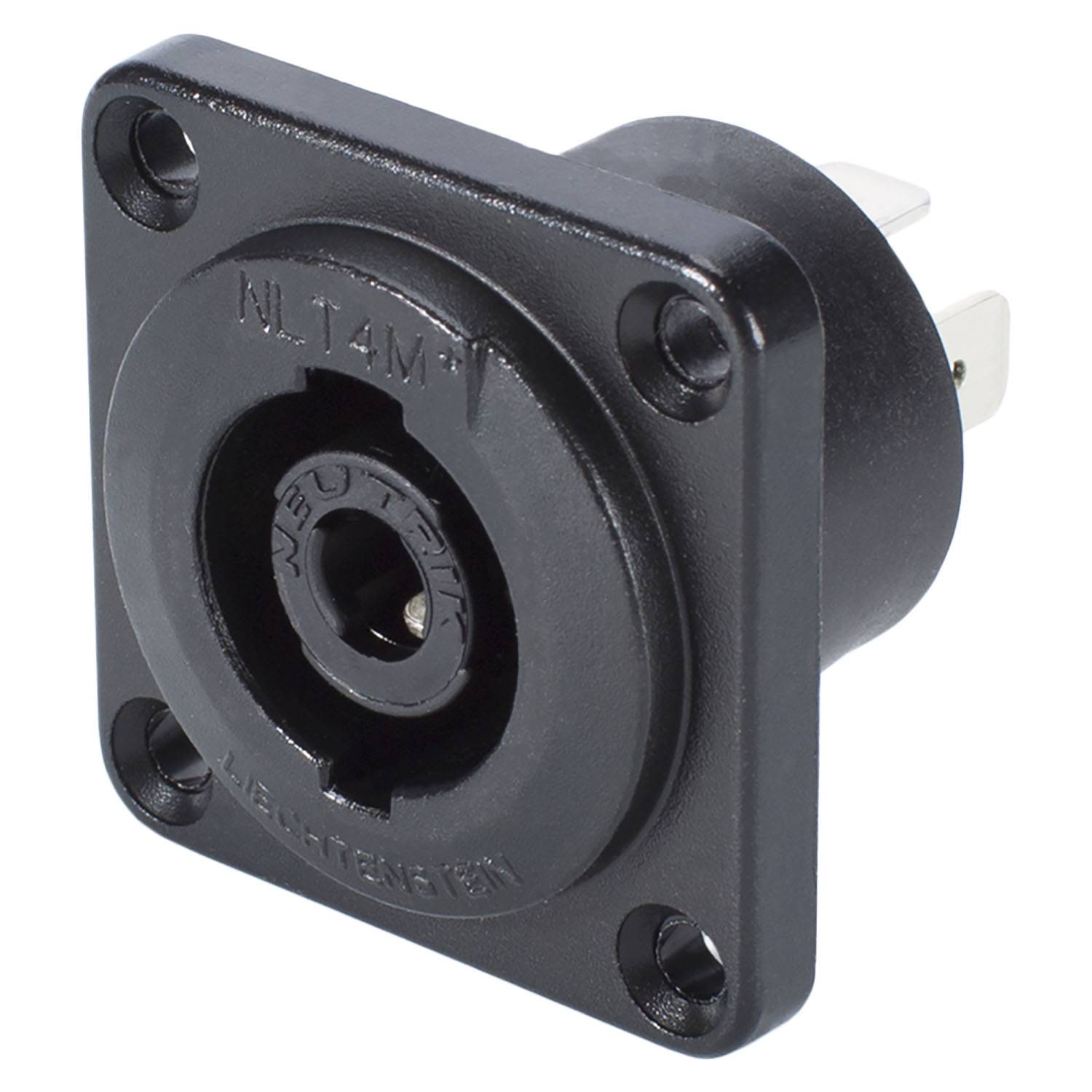 NEUTRIK® speakON®, spritzwassergeschützt IP54 , 4-pol , Metall-, Löttechnik-Einbaustecker, versilberte(r) Kontakt(e), Type G, schwarz