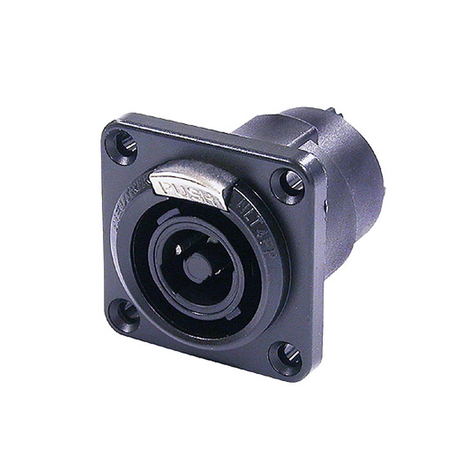 NEUTRIK® speakON®, spritzwassergeschützt IP54 , 4-pol , Metall-, Löttechnik-Einbaubuchse, versilberte(r) Kontakt(e), Type G, schwarz