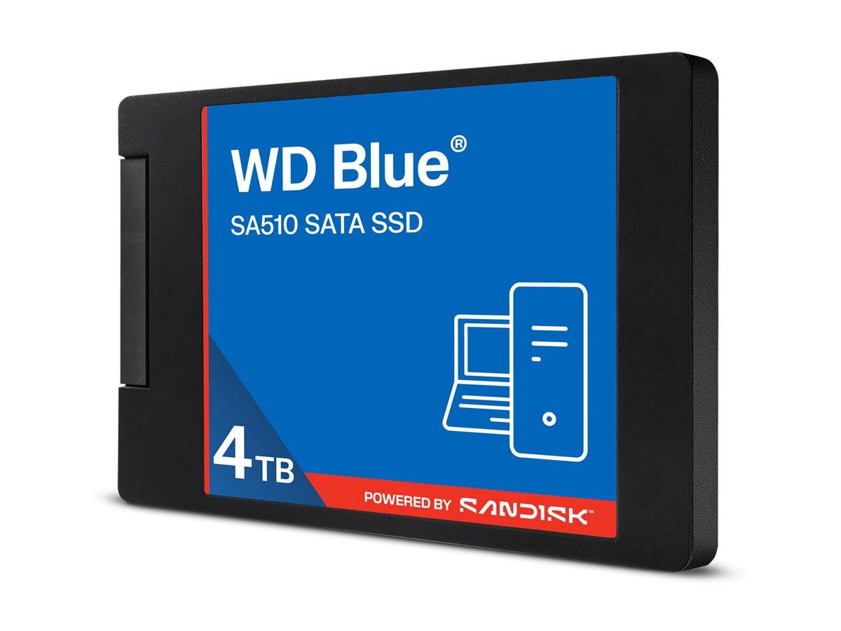 WD Blue SA510 SATA SSD, 4TB, dargestellt als schwarzes und blaues 2,5-Zoll-internes Solid-State-Laufwerk
