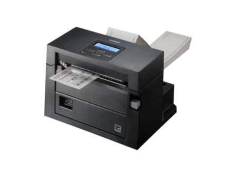 Schwarzweiß-Bondrucker, der einen Papierstreifen druckt, mit Papierfächern und einem kleinen Display oben.