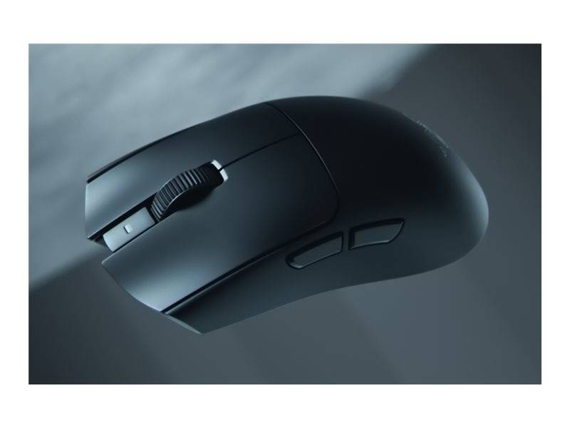 Schwarze kabellose Computermaus in Nahaufnahme auf grauem Hintergrund, wobei das Scrollrad und die Seitentasten hervorgehoben werden.