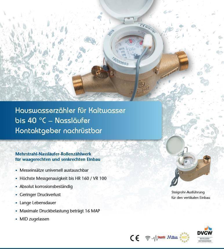Hauswasserzähler MNRS für Kaltwasser Qn 2,5 3/4" 190 mm inklusive Eichung