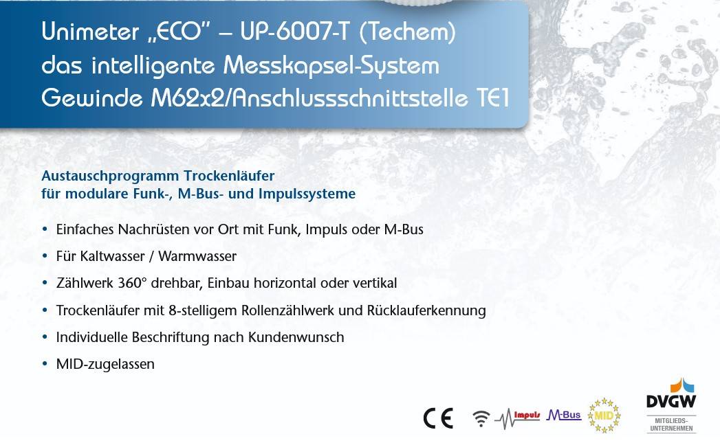 Wasserzähler Messkapsel Techem Vario-S M62x2 MID Q3 2,5 Qn 1,5 inklusive Eichung