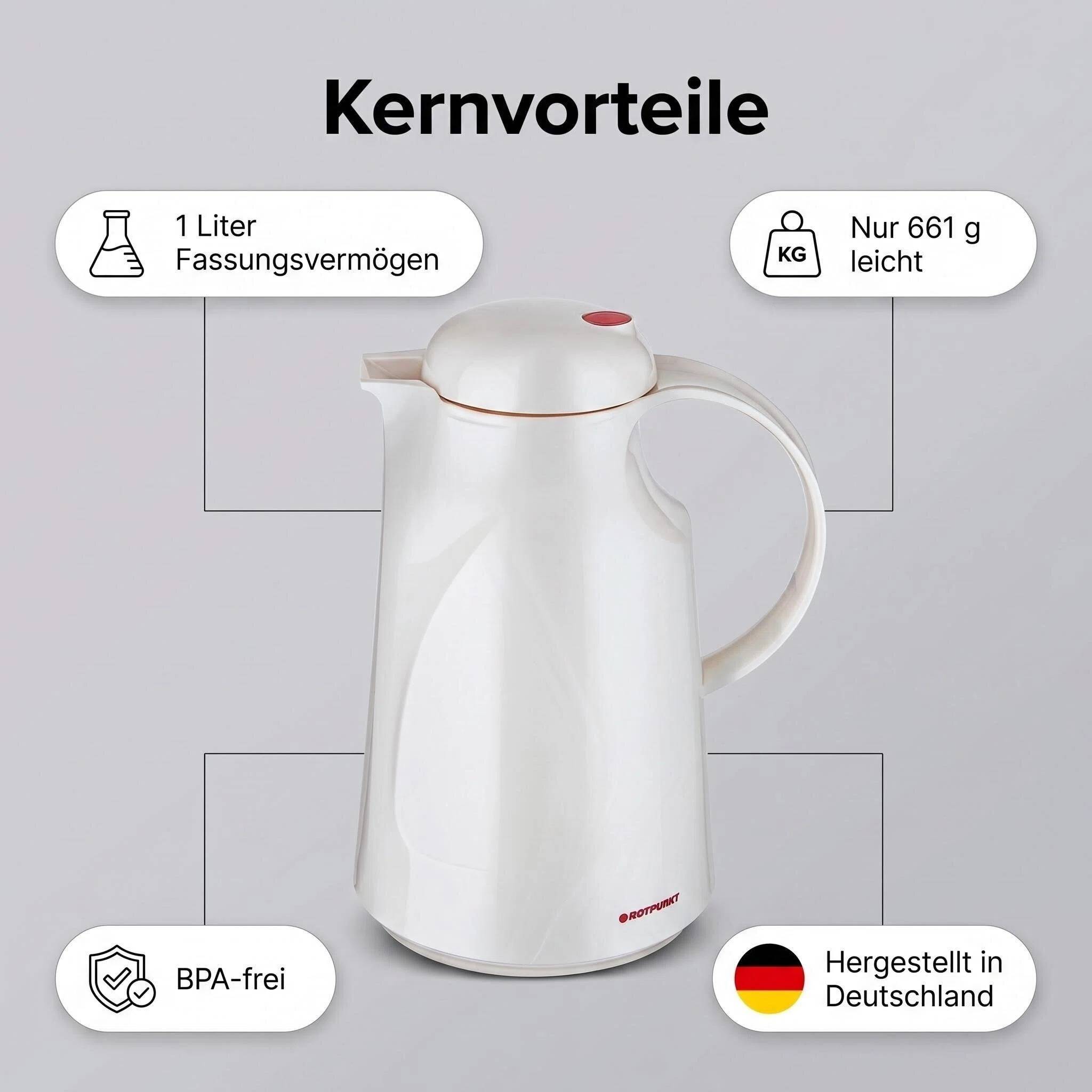 ROTPUNKT Isolierkanne 1L - 280 LEONIE - Glaskaraffe, BPA-frei - Weiß