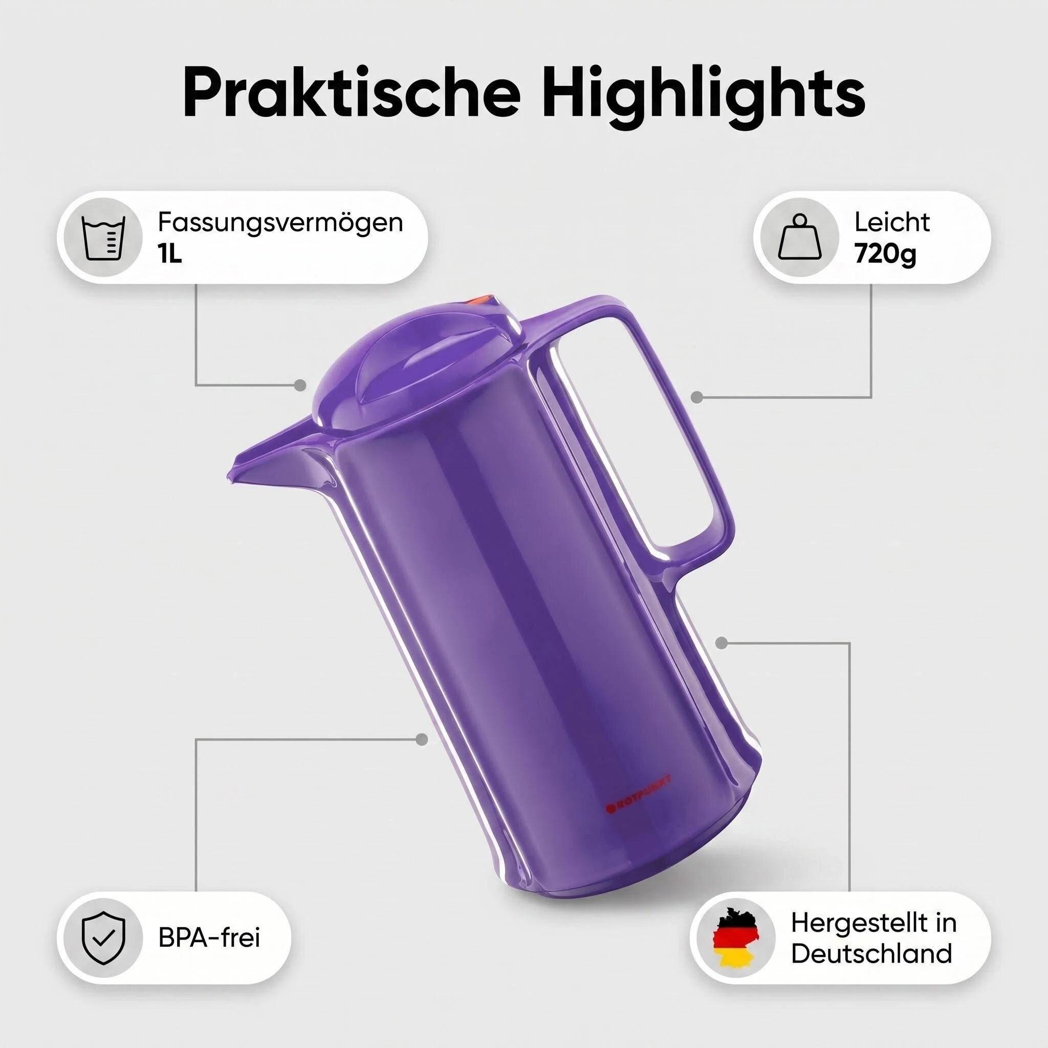 ROTPUNKT Isolierkanne 1L - Marlis 420 - BPA-frei - Für Kaffee, Tee, Aufgüsse - Violett