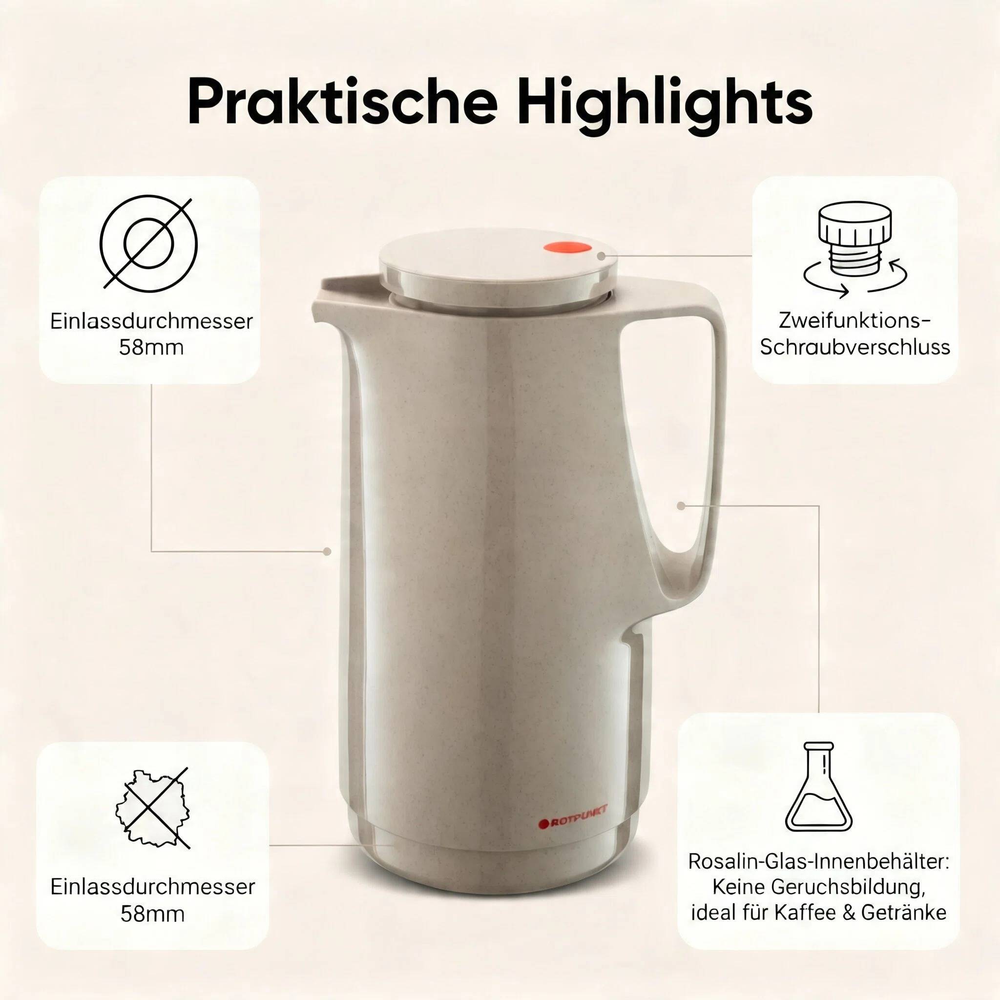 ROTPUNKT Isolierkanne 1L - 760 Maxima - Warm & Kalt Doppelnutzung - Glaskaraffe, BPA-frei - Beige