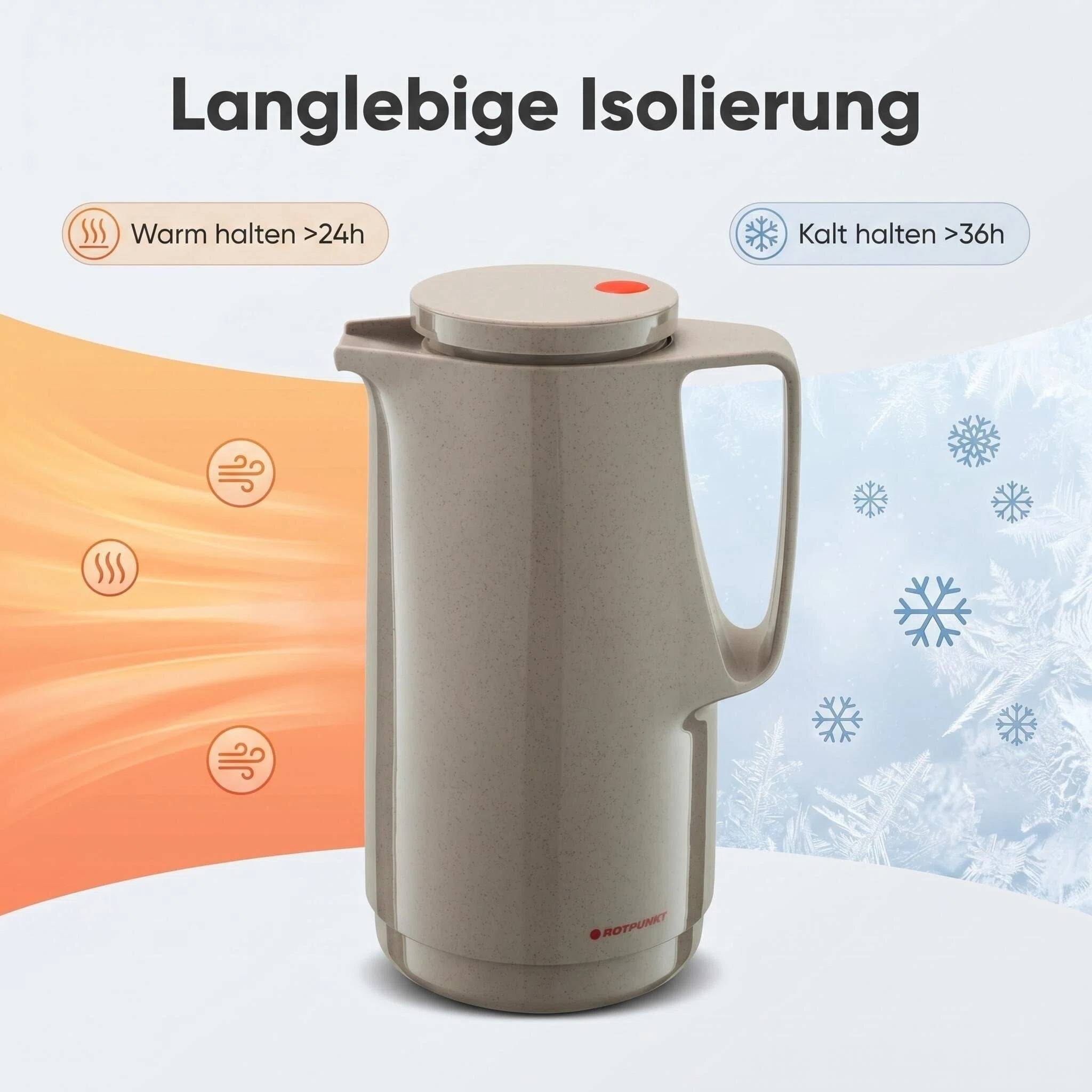 ROTPUNKT Isolierkanne 1L - 760 Maxima - Warm & Kalt Doppelnutzung - Glaskaraffe, BPA-frei - Beige