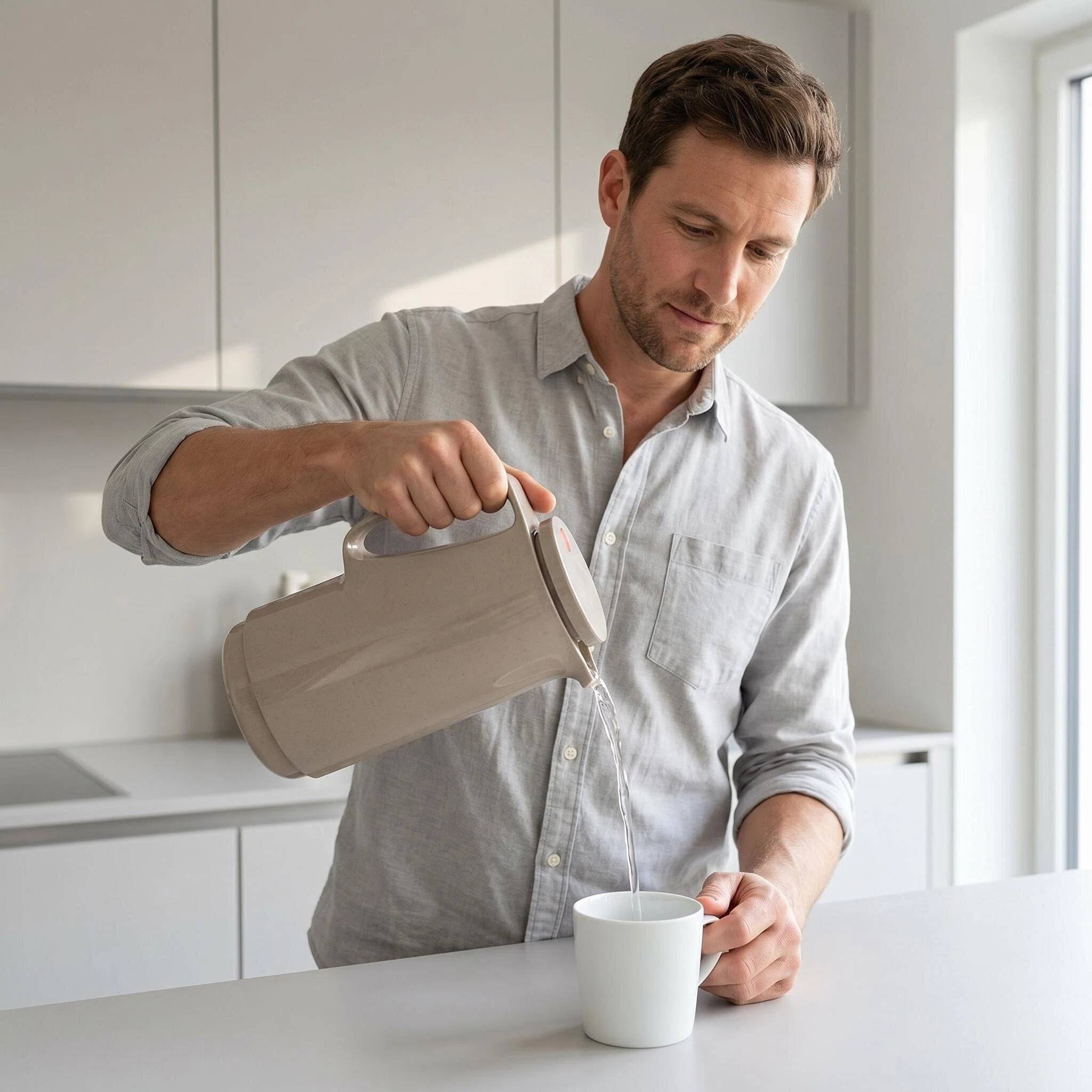 ROTPUNKT Isolierkanne 1L - 760 Maxima - Warm & Kalt Doppelnutzung - Glaskaraffe, BPA-frei - Beige