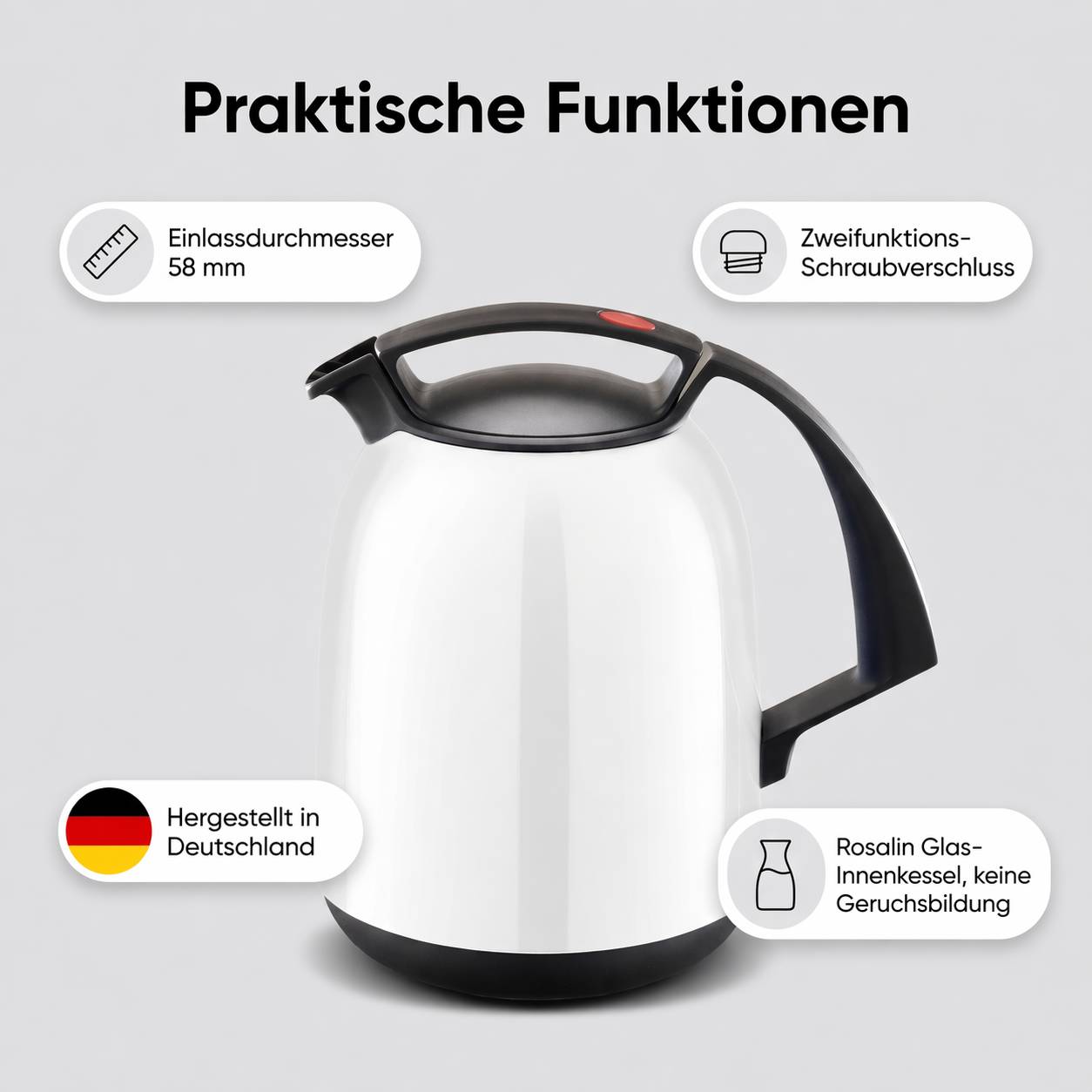 ROTPUNKT Isolierkanne 1L - 810 FAY - Glaskaraffe BPA-frei - Für Tee und Kaffee - Weiß