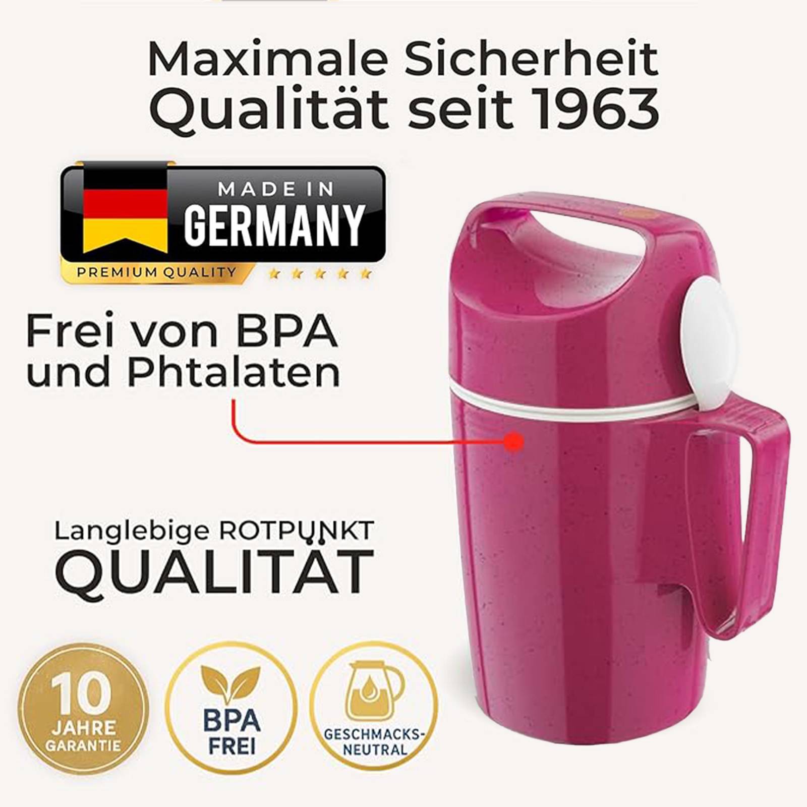 ROTPUNKT Isolierbecher - Dirk 850 - Große Öffnung - Lunchbox mit Löffel - 12h warmhaltend - Pitaya