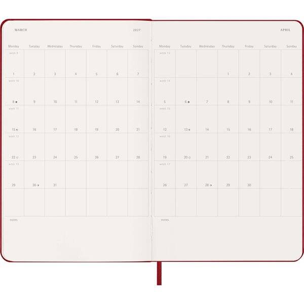 Wochenkalender 12 Monate Large A5 1 Woche/Seiten horizontal fester Einband scharlachrot 2027