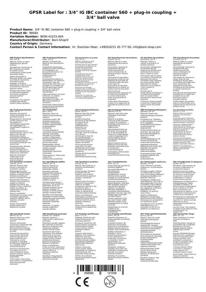 IBC Adapter S60 IBC Container Adapter Kugelhahn 3/4 Zoll Steckkupplung