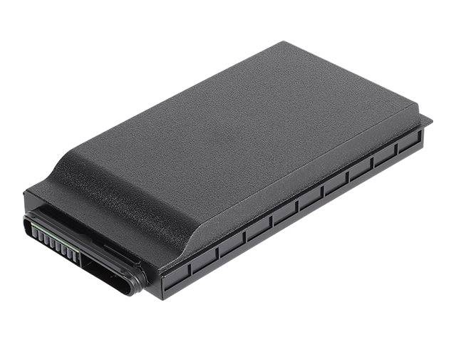 Schwarzes wiederaufladbares Batteriepaket mit rechteckiger Form und Steckverbinder, gezeigt auf weißem Hintergrund.