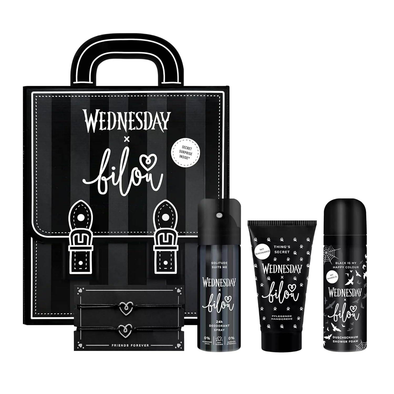 bilou Geschenkset bilou x Wednesday Duschschaum Handcreme Deo Freundschaftsband
