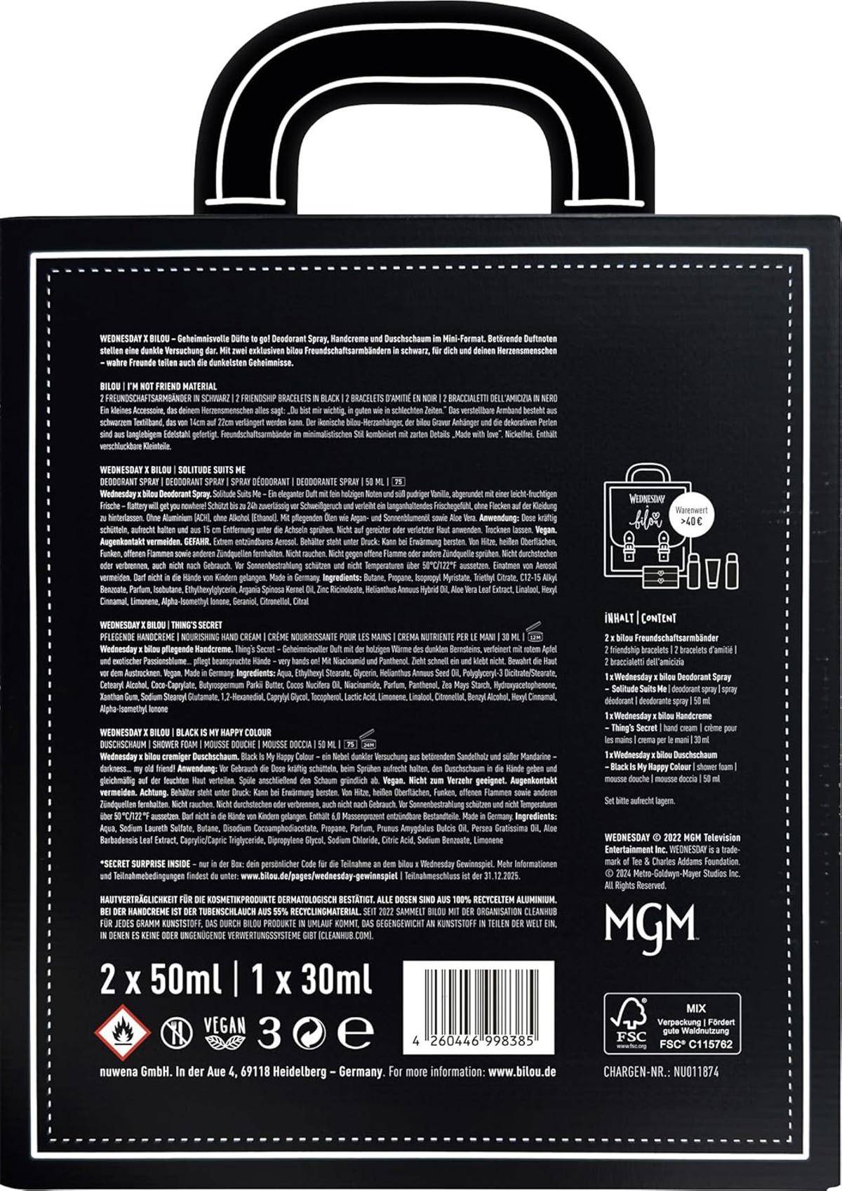 bilou Geschenkset bilou x Wednesday Duschschaum Handcreme Deo Freundschaftsband