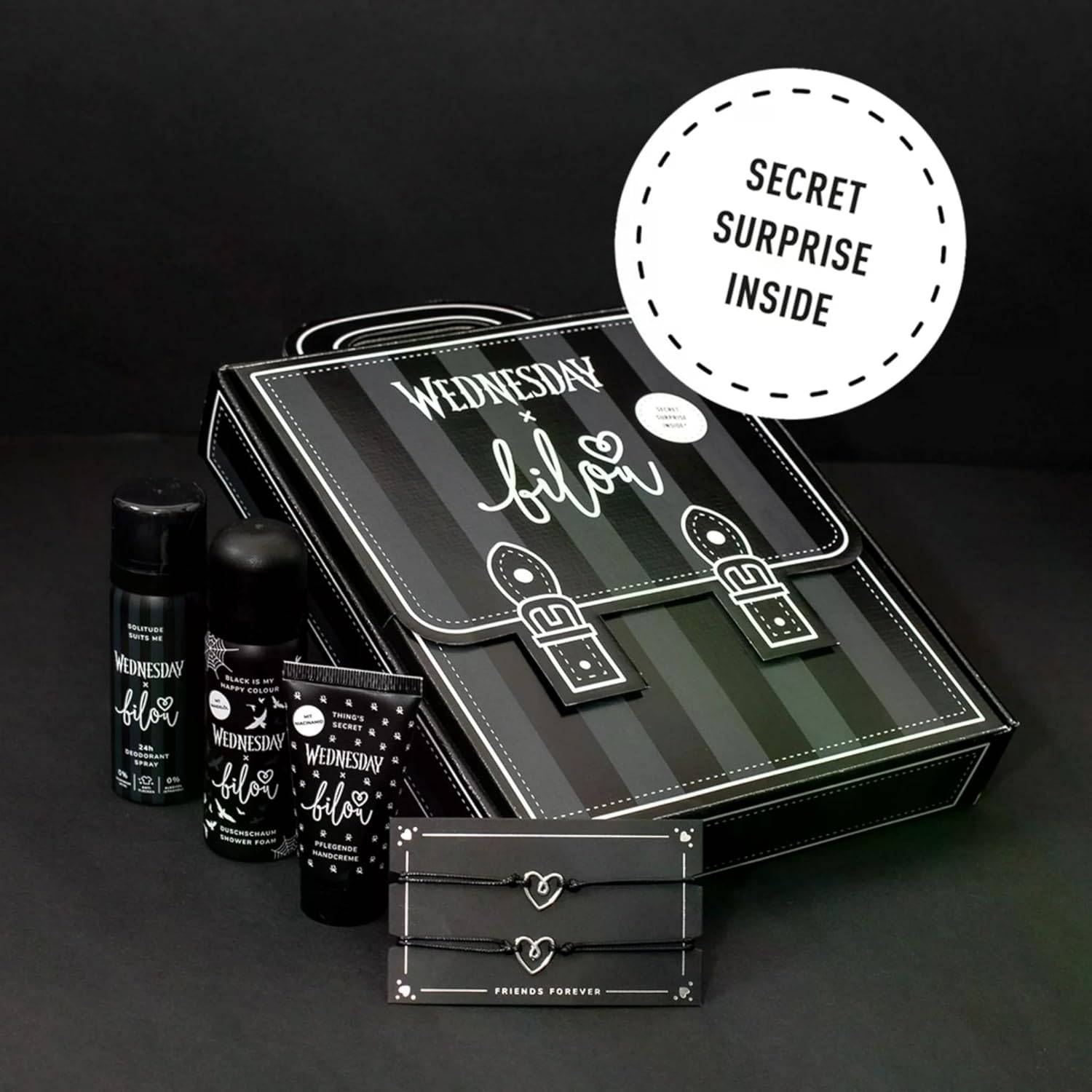 bilou Geschenkset bilou x Wednesday Duschschaum Handcreme Deo Freundschaftsband