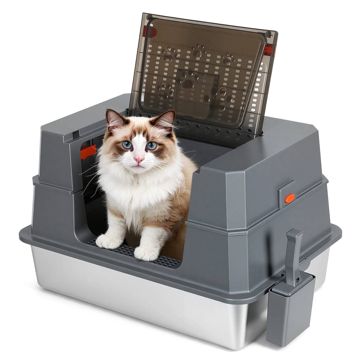 Großes Katzenklo aus Edelstahl grau mit Deckel geschlossene Katzentoilette inkl. Schaufel und Streumatte