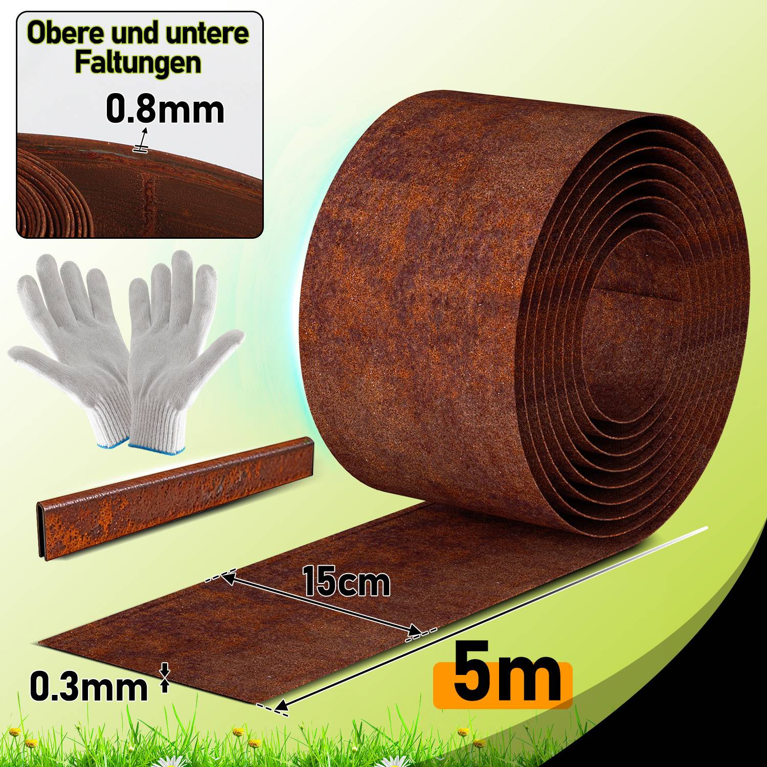 Rasenkante 15 cm x 15 m Trennrand Beet Zaun Flexibel Pflanzenschutz Garten Einfassung Rost