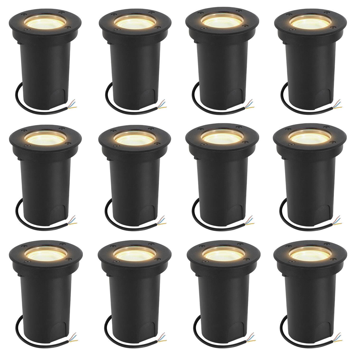 12x 3W Bodenleuchte Schwenkbar IP65 Außen LED Bodeneinbaustrahler Bodenstrahler Bodenlampe Warmweiß - Schwarz Gehäuse