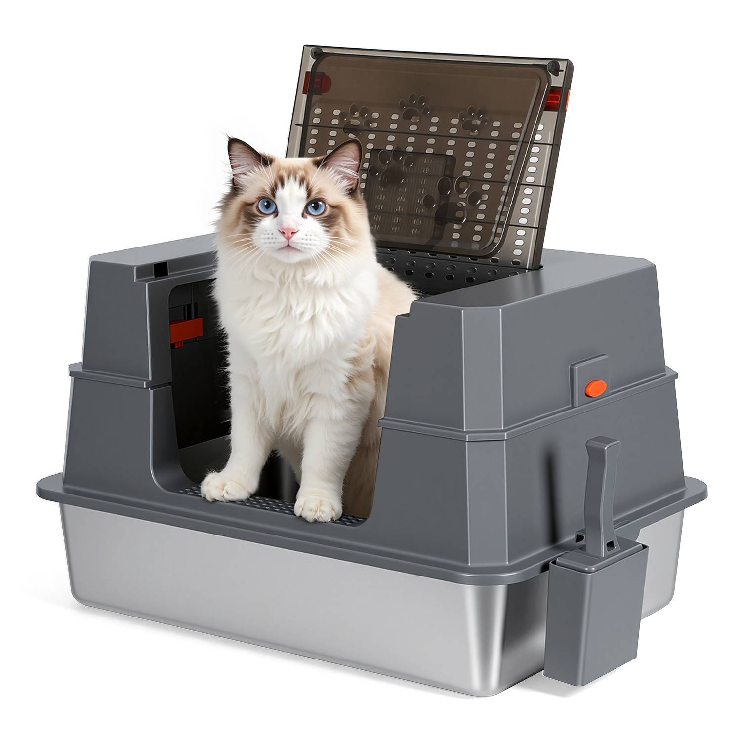 Großes Katzenklo aus Edelstahl grau mit Deckel geschlossene Katzentoilette inkl. Schaufel und Streumatte