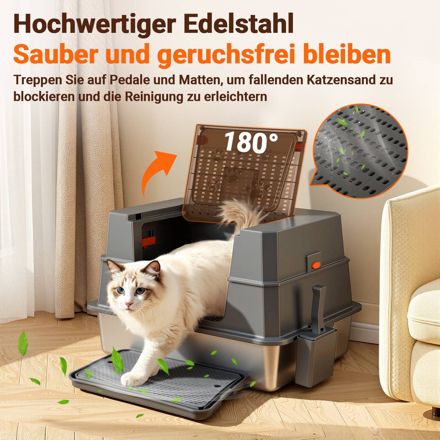 Großes Katzenklo aus Edelstahl grau mit Deckel geschlossene Katzentoilette inkl. Schaufel und Streumatte