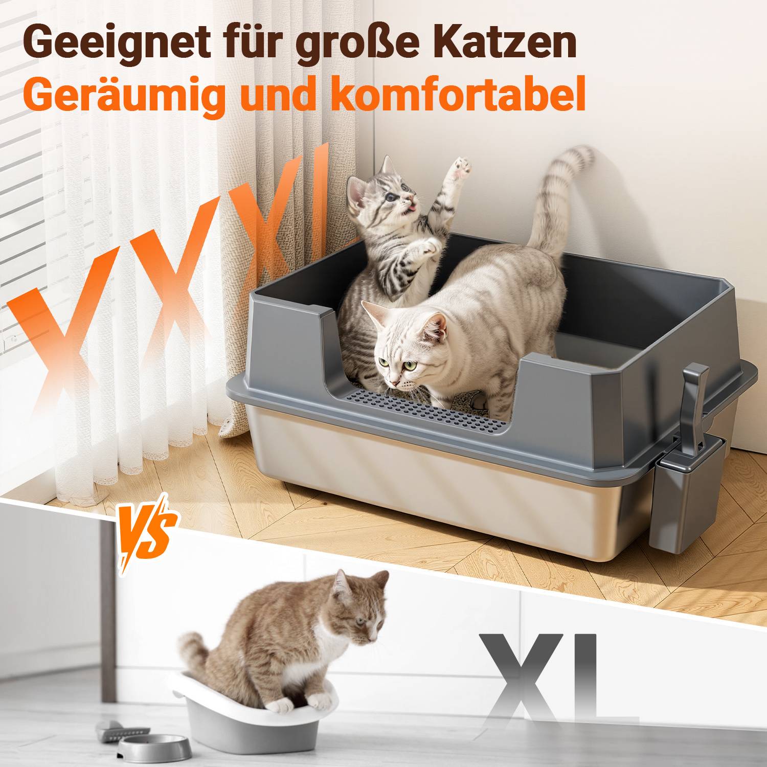 Großes Katzenklo aus Edelstahl grau mit Deckel geschlossene Katzentoilette inkl. Schaufel und Streumatte