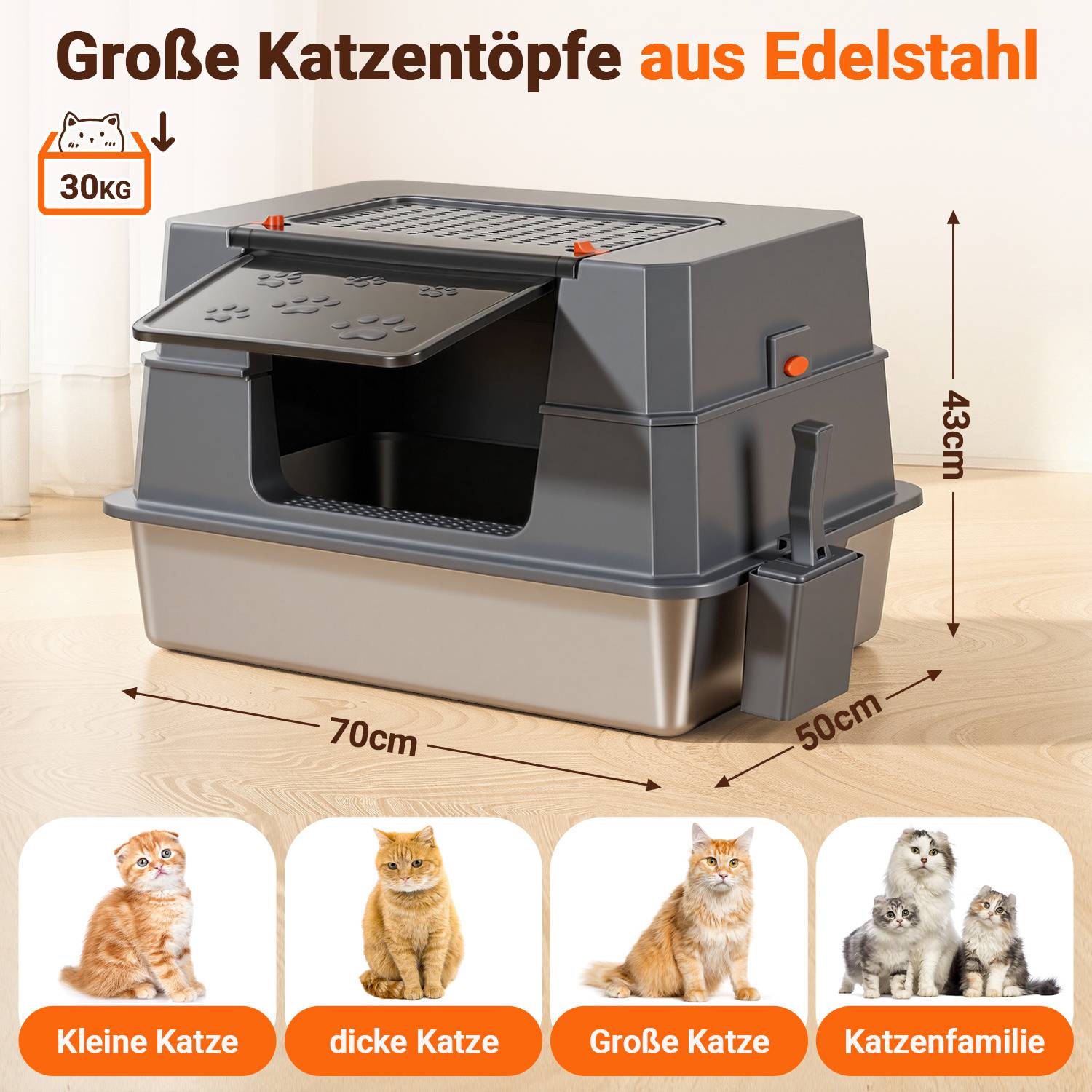 Großes Katzenklo aus Edelstahl grau mit Deckel geschlossene Katzentoilette inkl. Schaufel und Streumatte