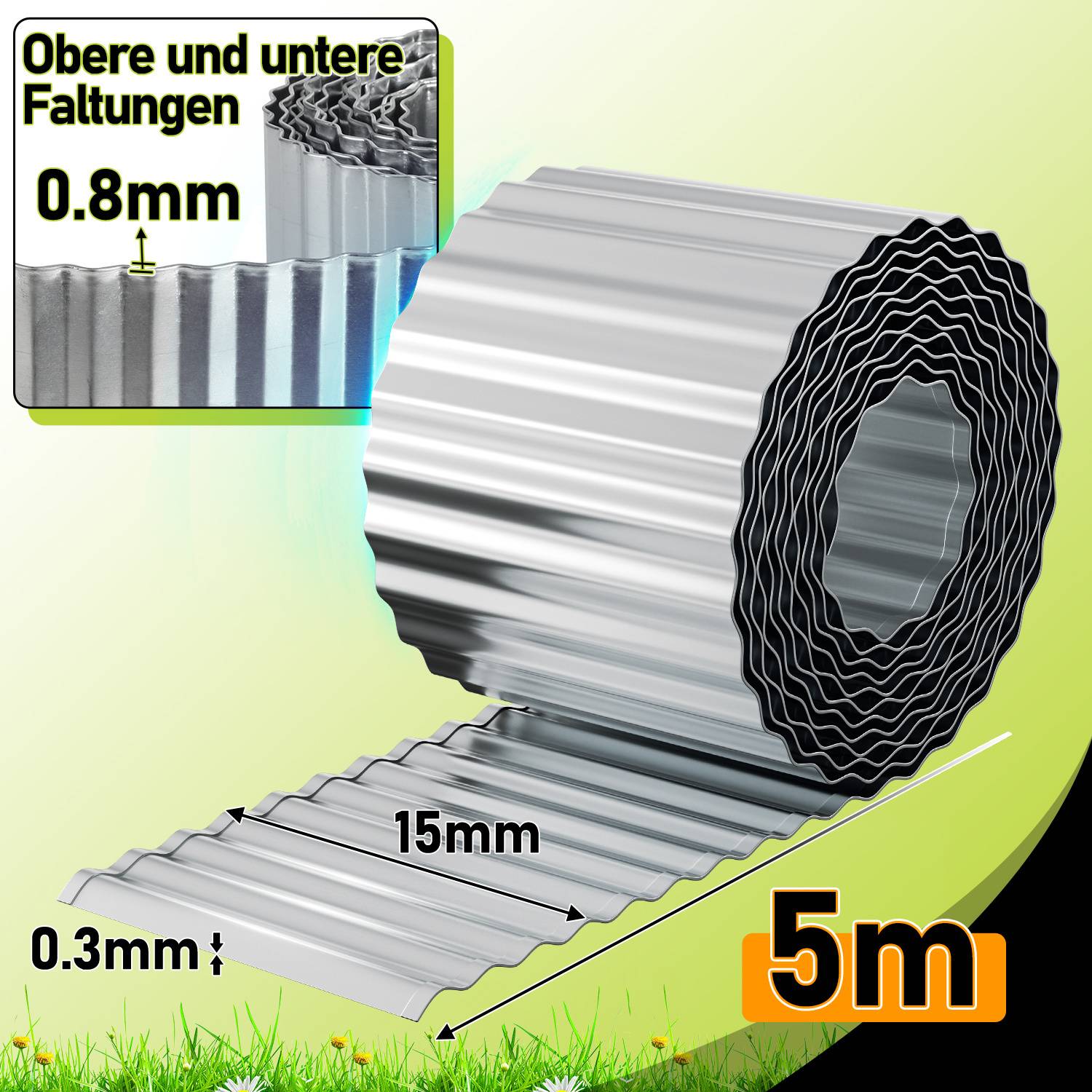 Rasenkante 5m, Wellen verzinkt Beetbegrenzung, 15cm Höhe, Raseneinfassung Ideal für Rasenbegrenzung, Metall, Silber