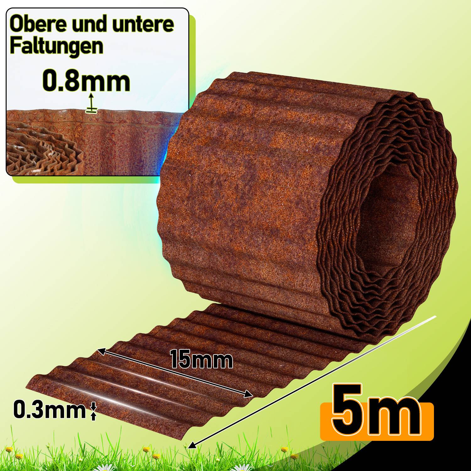 Rasenkante 25m, Wellen verzinkt Beetbegrenzung, 15cm Höhe, Raseneinfassung Ideal für Rasenbegrenzung, Metall, Rost