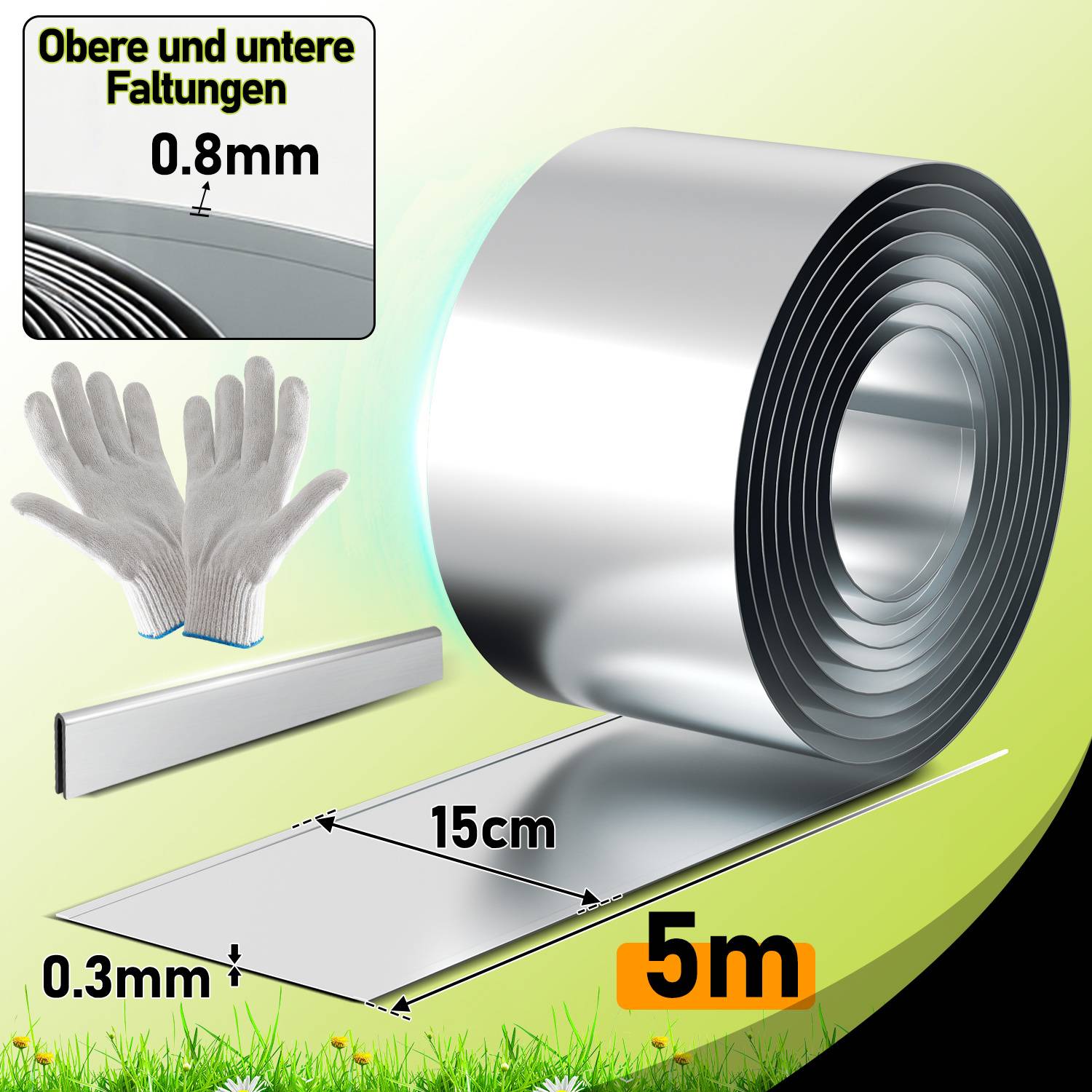 Rasenkante 15 cm x 40 m Trennrand Beet Zaun Flexibel Pflanzenschutz Garten Einfassung Silber