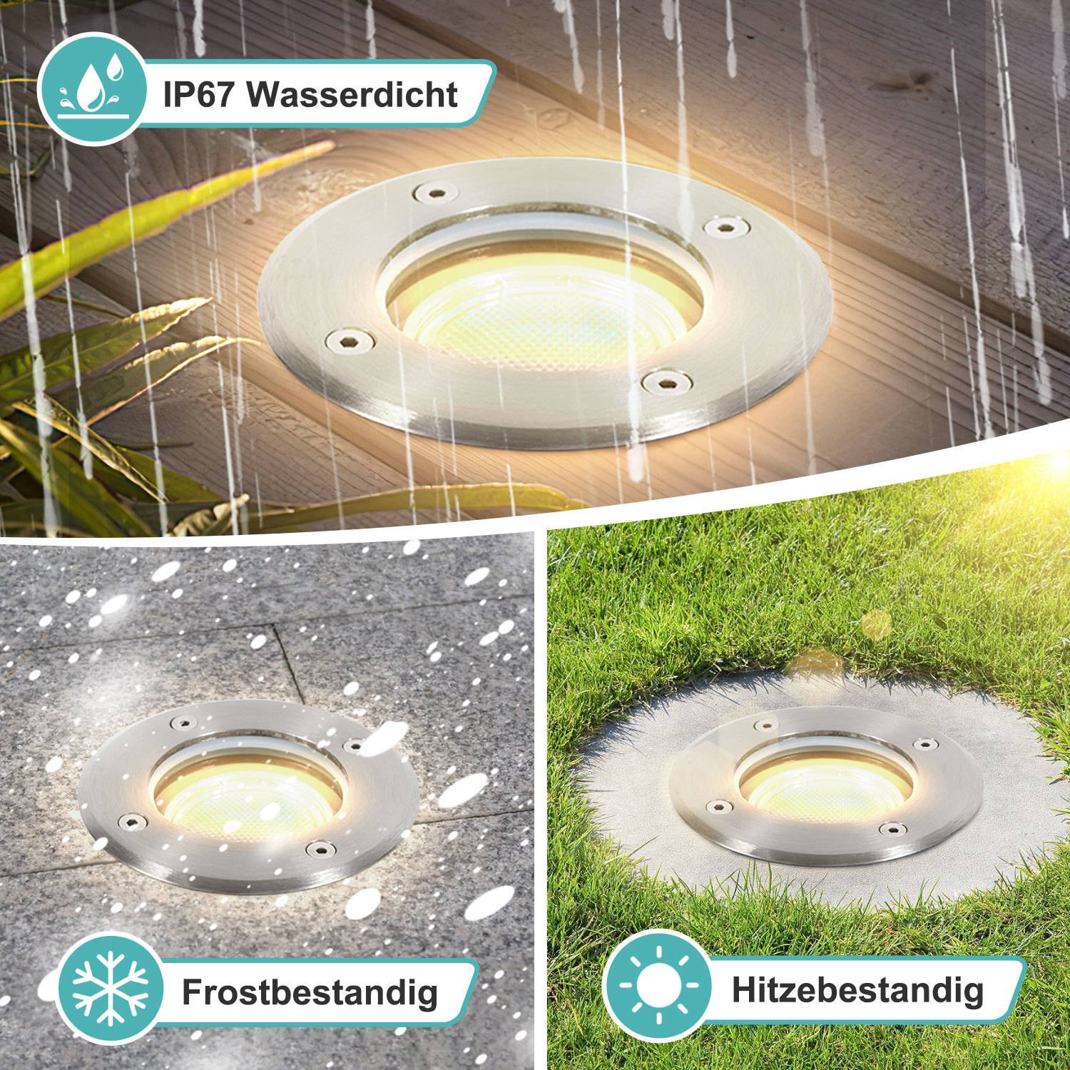 4x 3W Bodenleuchte Schwenkbar IP65 Außen LED Bodeneinbaustrahler Bodenstrahler Bodenlampe Warmweiß - Silber Gehäuse