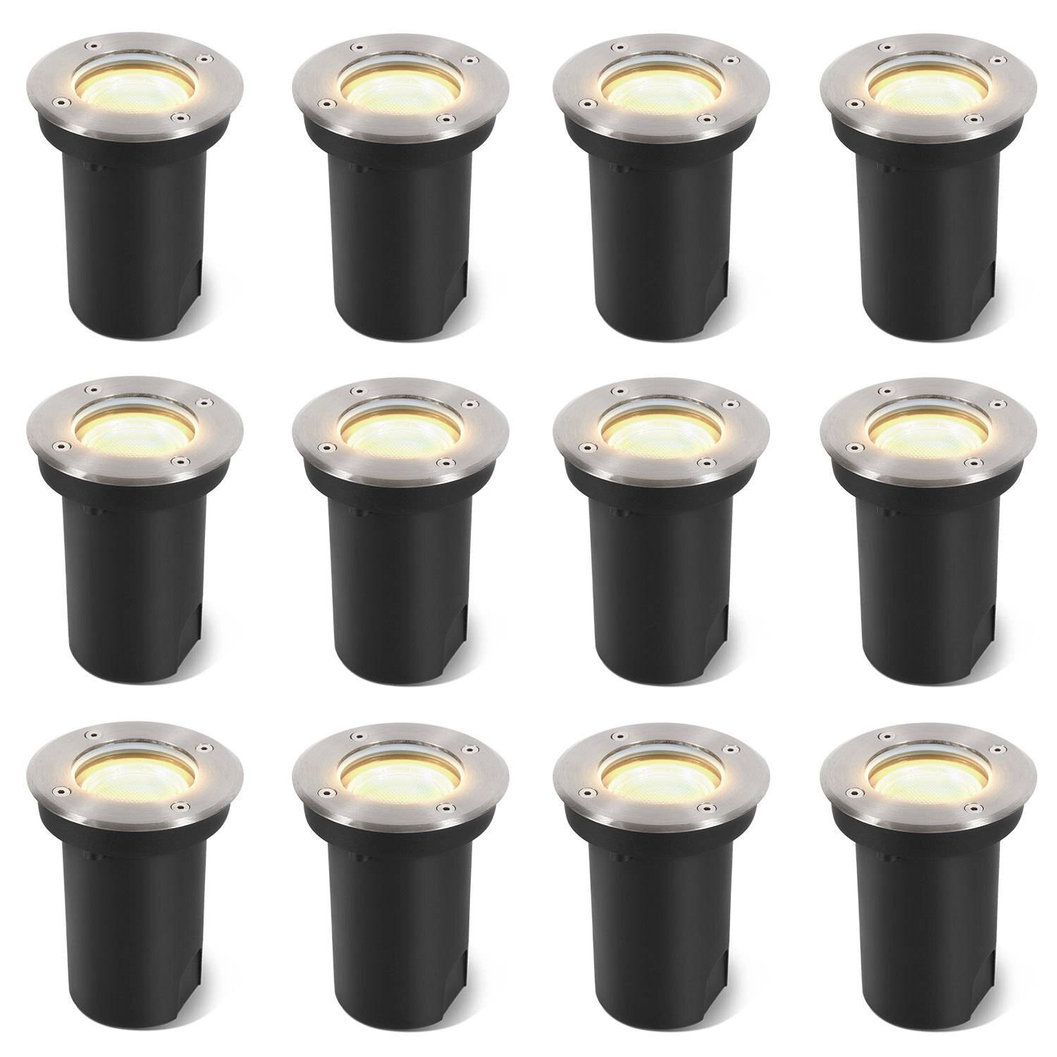 12x 3W Bodenleuchte Schwenkbar IP65 Außen LED Bodeneinbaustrahler Bodenstrahler Bodenlampe Warmweiß - Silber Gehäuse