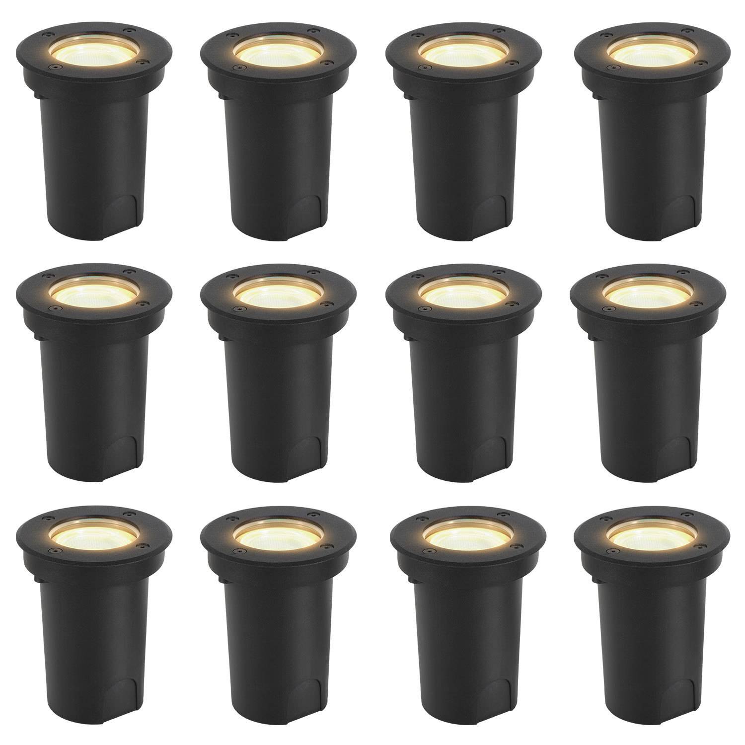 12x 3W Bodenleuchte Schwenkbar IP65 Außen LED Bodeneinbaustrahler Bodenstrahler Bodenlampe Warmweiß - Schwarz Gehäuse