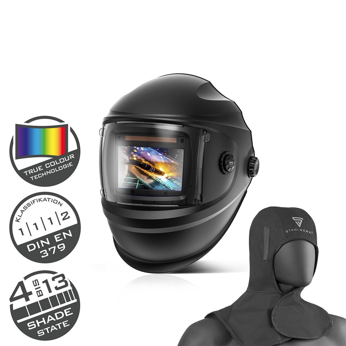 STAHLWERK Automatik Schweißhelm BULLET 1/1/1/2 Schweißschild mit Schweißhaube