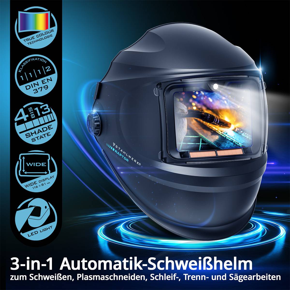 STAHLWERK Automatik-Schweißhelm RAPTOR 3-in-1 im Set mit Schweißhaube
