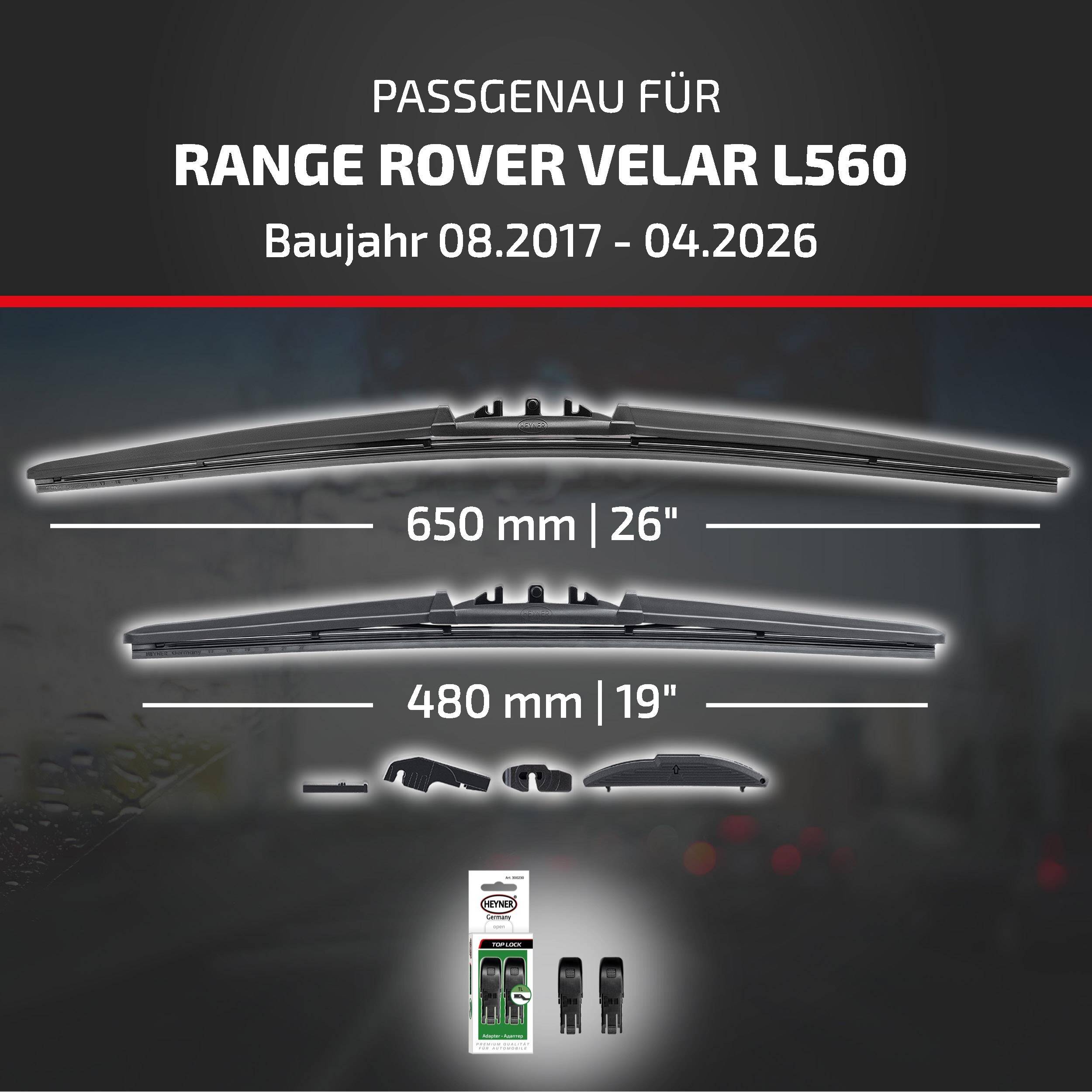 Passt Wischblätter für Range Rover Velar L560 (08.2017-04.2026) an, zeigt 650 mm/26